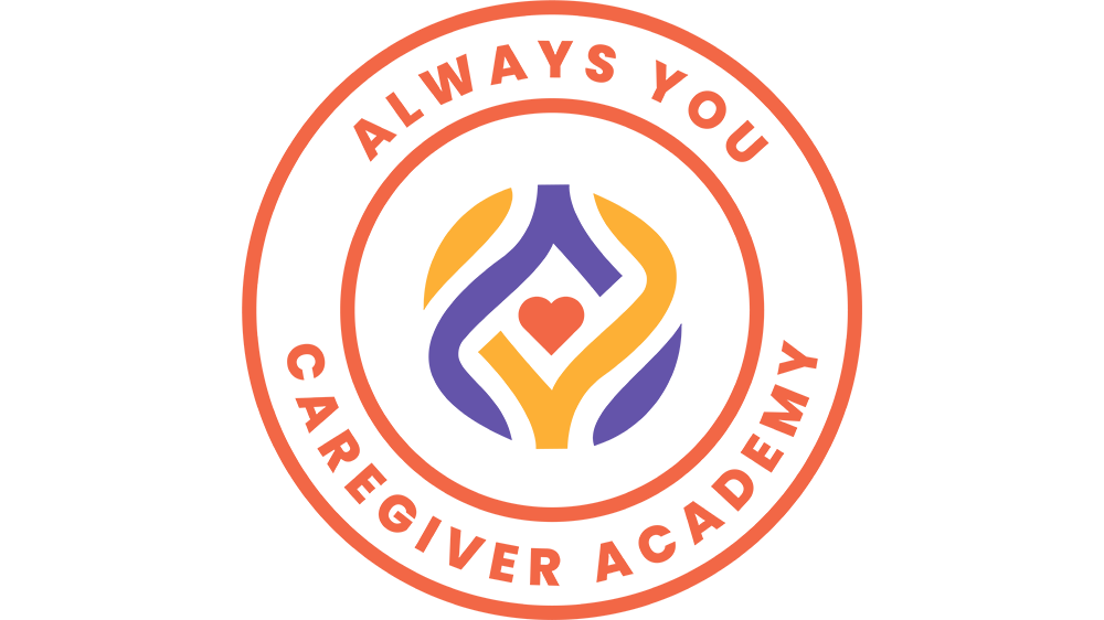 Always You Caregivers Academy circle seal logo with red words & heart & purple & yellow swirls graphic