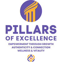 Pillars of excellence logo with purple text and purple circle containing gold pillar graphic also signature red heart & yellow & purple swirls logo underneath the text