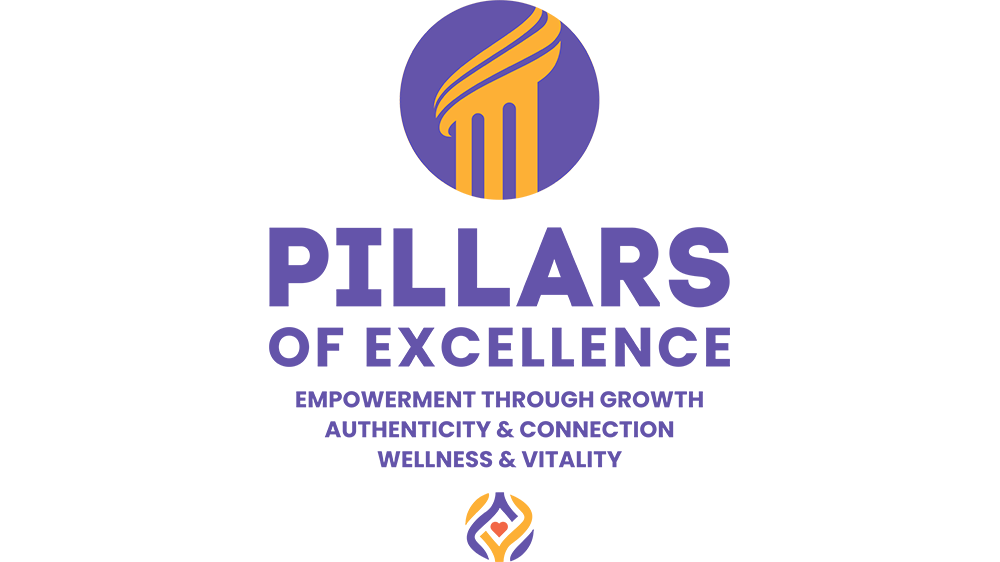 Pillars of excellence logo with purple text and purple circle containing gold pillar graphic also signature red heart & yellow & purple swirls logo underneath the text