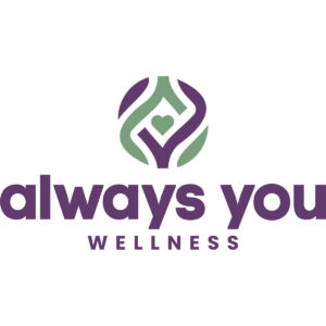 Always You Wellness logo with deep purple words & signature logo with green heart & green & purple swirls