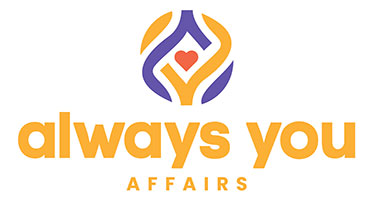 Always You Affairs logo with gold words & red heart with purple and yellow swirls graphic