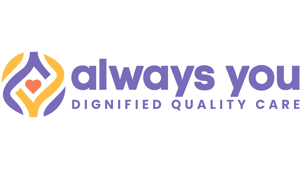 Always You Dignified Quality Care logo with purple words & red heart with purple and yellow swirls graphic