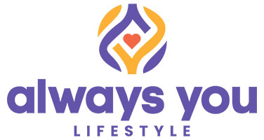 Always You Lifestyle logo with purple words & red heart with purple and yellow swirls graphic