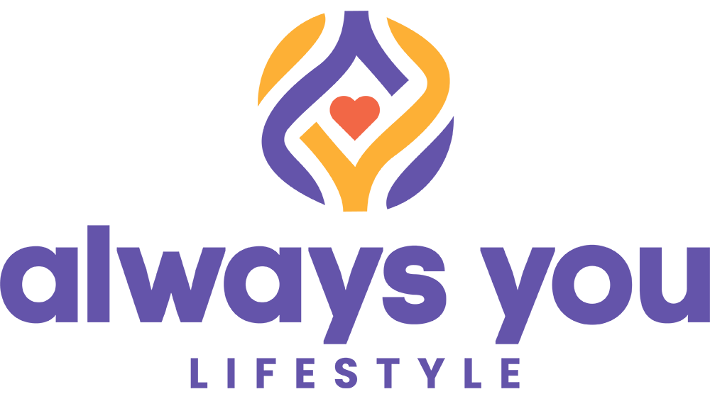 Always You Lifestyle logo with purple words & red heart with purple and yellow swirls graphic