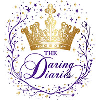 The Daring Diaries logo with purple font, gold crown, stars, and vines