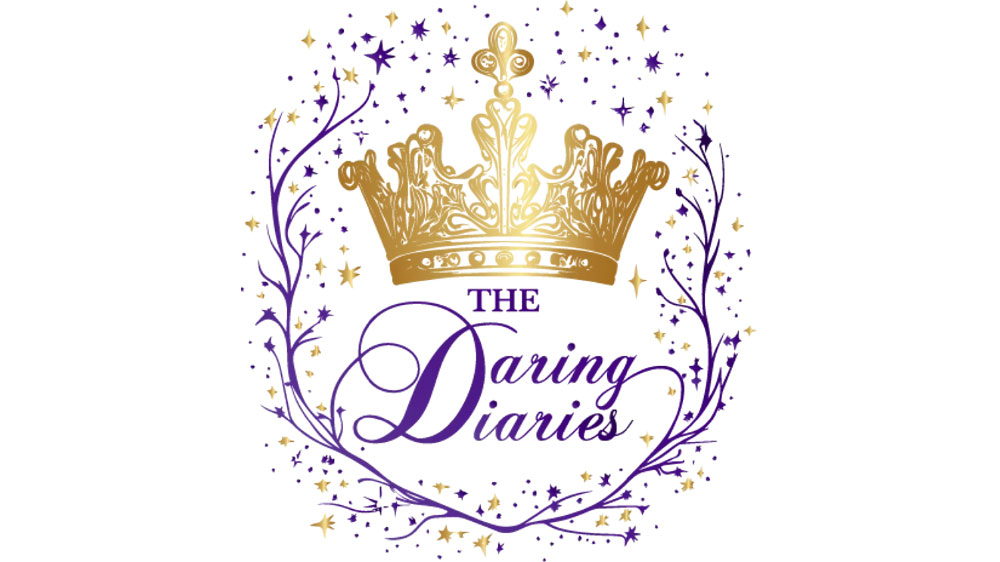 The Daring Diaries logo with purple font, gold crown, stars, and vines