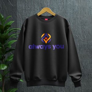 Black sweatshirt with Always You logo hanging on a wooden hanger with a grey cement background and a green plant on the left