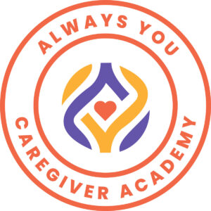 Always You Caregivers Academy circle seal logo with red words & heart & purple & yellow swirls graphic