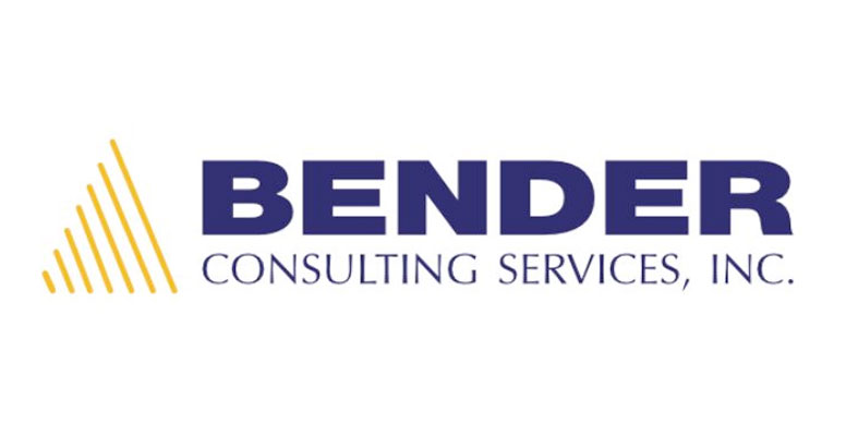 Bender consulting services, inc. logo- navy blue words with yellow stripes on the left that look like a mountain