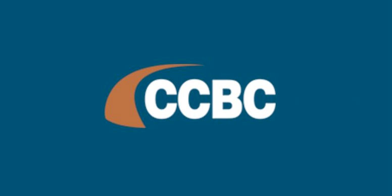 CCBC logo - white words on blue background with orange swipe graphic