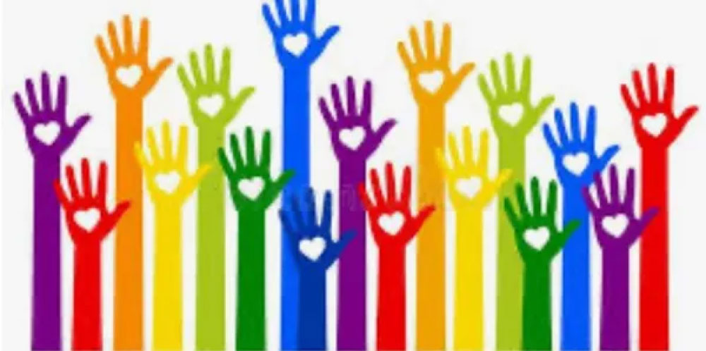 Row of rainbow raised hands with white hearts in the palms