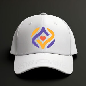 White baseball cap with Always You graphic logo sitting on a dark gray surface with a dark gray background