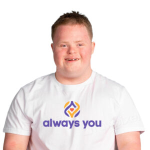 young man wearing a white tshrit with always you logo on it