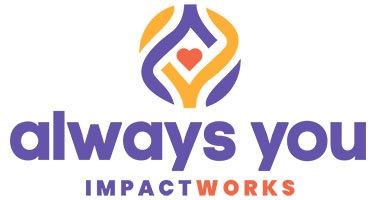 Always You ImpactWorks logo with purple & red words & red heart with purple and yellow swirls graphic