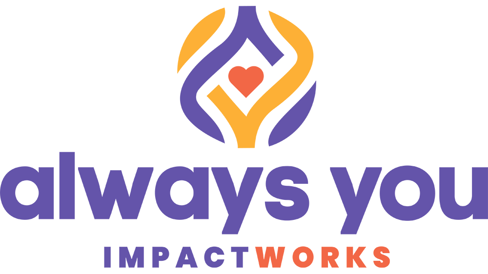 Always You ImpactWorks logo with purple & red words & red heart with purple and yellow swirls graphic