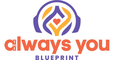 The Always You Blueprint logo with red & purple words & red heart with purple and yellow swirls graphic with purple headphone graphic around it